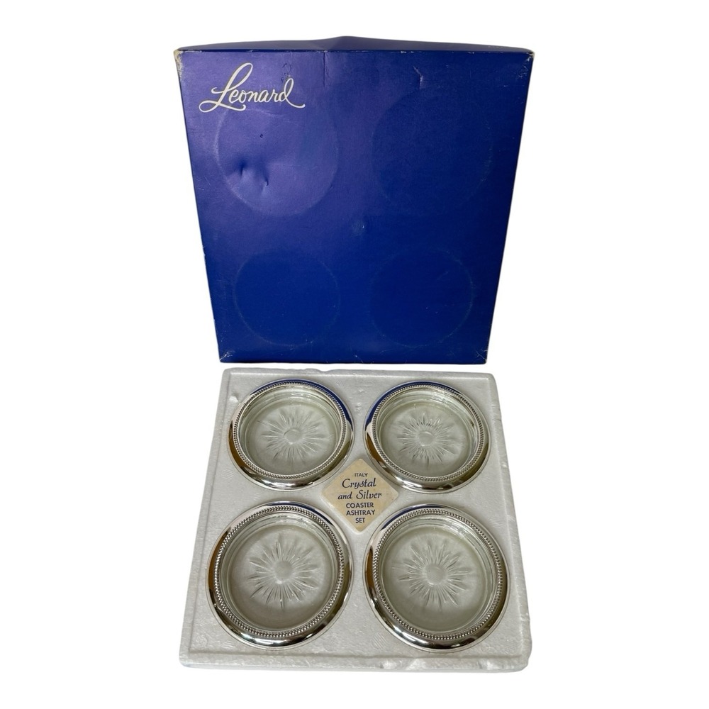 Vintage‎ Leonard Crystal and Silver Plate Coaster Ashtray Set of 4 Italy In Box